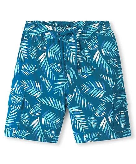 Pine Kids Terry Above Knee Length Shorts With Tropical Print - Teal