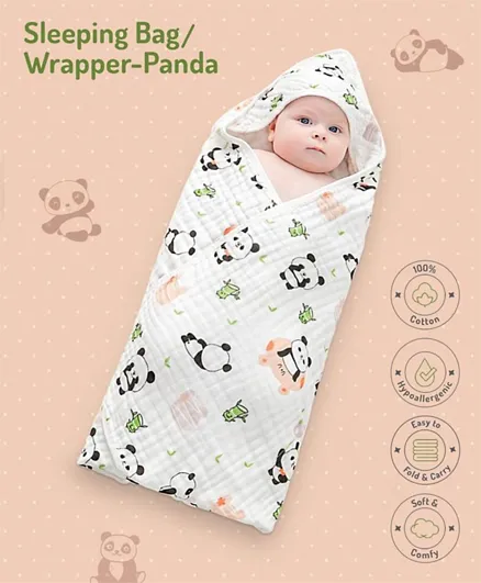 Panda Baby Sleeping Bag Wrapper - 100% Cotton Swaddle Blanket 90x90cm for 0+ Months