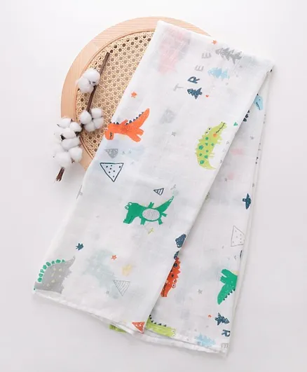 Soft Dino Print Baby Blanket - 100% Cotton Muslin, 120x120cm, Cozy & Breathable for Swaddling and Nursing