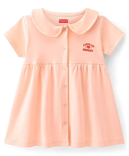 Babyhug Cotton Jersey Knit Short Sleeves Frock Text Print - Peach