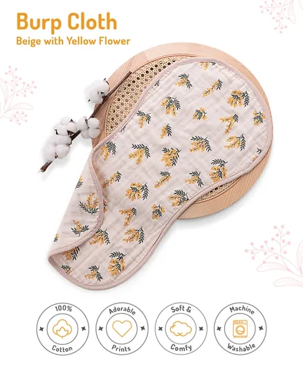 Yellow Flower Muslin Burp Cloth, Soft Absorbent Cotton, Kidney-Shaped for Spit Up Protection