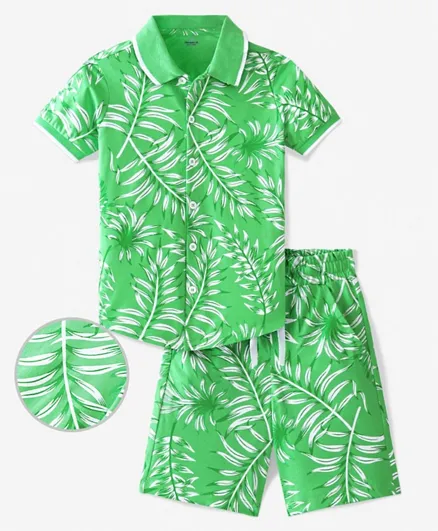 Ollington St. 100% Cotton Knit Half Sleeves T-Shirt & Shorts/Co-ord Set Leafy Print - Green