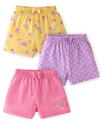 Babyhug Cotton Knit Single Jersey Shorts With Floral & Polka Dot Print Pack of 3 - Yellow Purple & Pink