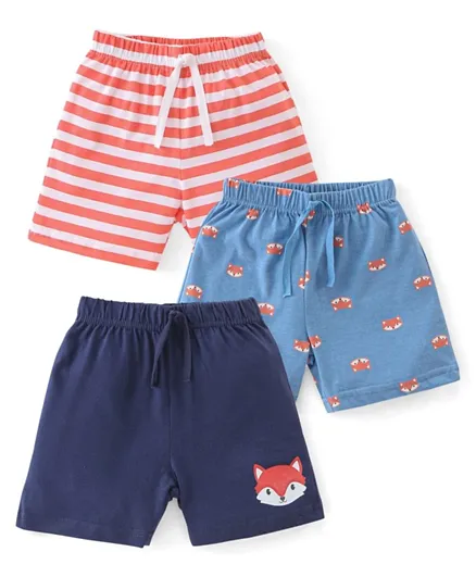 Babyhug Cotton Single Jersey Knit Shorts Stripes & Fox Print Pack Of 3 - Multicolor