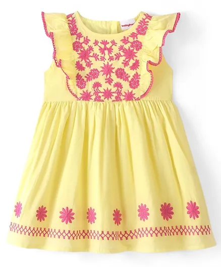 بيبي هاغ - فستان مزين بكشكشة مع تطريز بالورود - أصفر