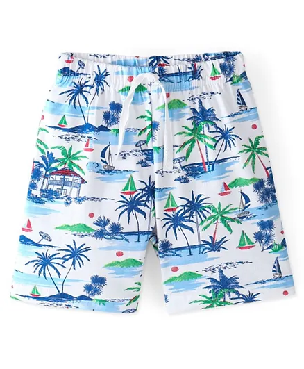 Babyhug Cotton Knit Knee Length Shorts With Tropical Print- White & Blue