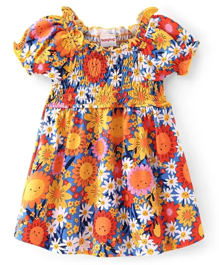 Babyhug Cotton Jersey Half Sleeves Smocking Frock Floral Print - Multicolor