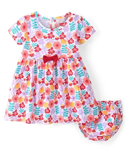 Babyhug Cotton Jersey Knit Half Sleeves Frock with Bloomer Floral Print & Bow Applique - Multi Color