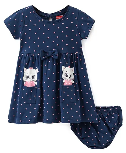 Babyhug Cotton Jersey Knit Half Sleeves Frock With Bloomer Kitty & Heart Print - Navy Blue