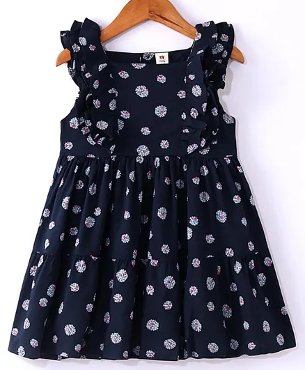 ToffyHouse 100% Cotton Woven Frill Sleeves Frock  Floral Print - Navy Blue