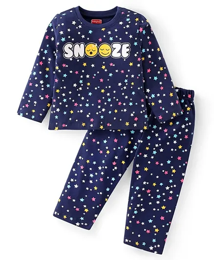 Babyhug Cotton Knit Full Sleeves Night Suit With Text Print - Blue