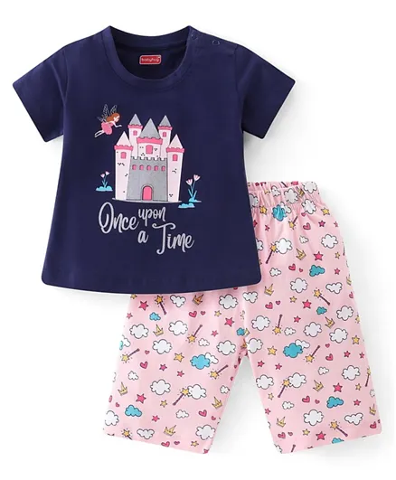 Babyhug Cotton Knit Mid Calf Sleeves Capri Night Suit With Castle Print - Navy Blue  & Pink