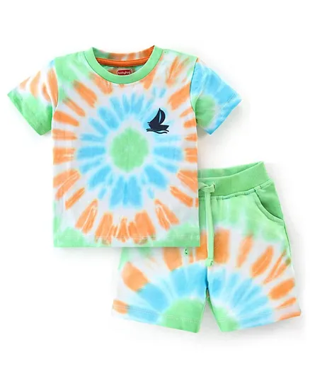 Babyhug 100% Cotton Knit Half Sleeves Tie Dye T-Shirt & Shorts/Co-ord Set With Boat Print - Multicolor