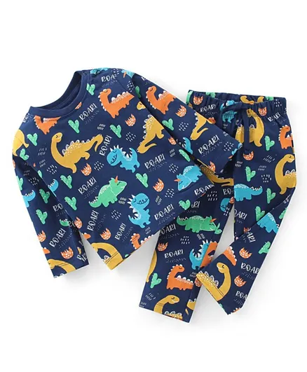 Babyhug Single Jersey Knit Full Sleeves Night Suit Dino Print - Navy Blue
