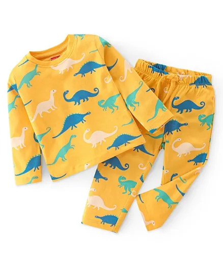 Babyhug Cotton Single Jersey Knit Full Sleeves Night Suit Dino Print - Yellow