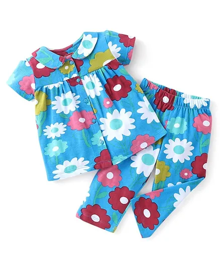 Babyhug Cotton Knit Short Sleeves Night Suit With Floral Print - Blue
