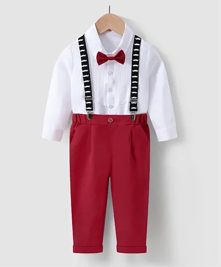 Kookie Kids Shirt with Bow and Pants with  Suspender Set - White & Red