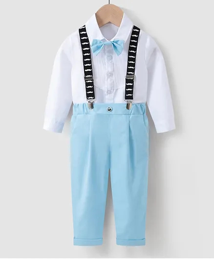 Kookie Kids Shirt with Bow and Pants with  Suspender Set - White & Blue