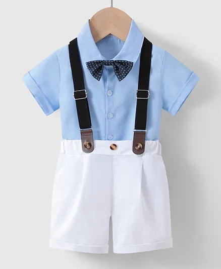 Kookie Kids Solid Shirt & Short Bottom Set With Suspenders & Bow Tie - White & Blue