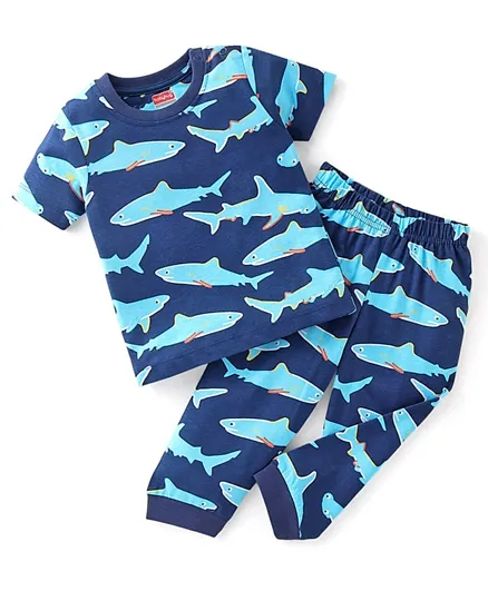 Babyhug Cotton Knit Half Sleeves Night Suit With Shark Print - Navy Blue
