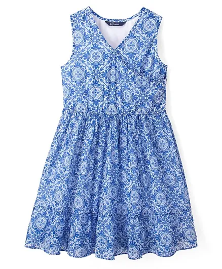 Pine Kids Woven Sleeveless Floral Printed Frock - Blue