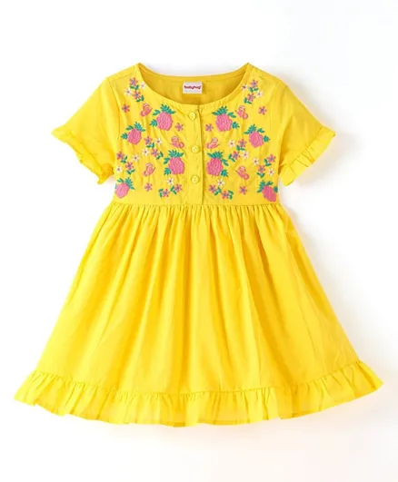 Babyhug Viscose Half Sleeves Frock With Cotton Lining & Floral Embroidery - Yellow