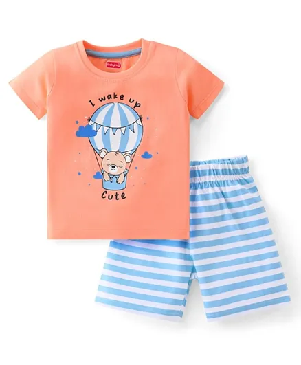 Babyhug Cotton Knit Half Sleeves Night Suit With Teddy Print - Orange & Blue