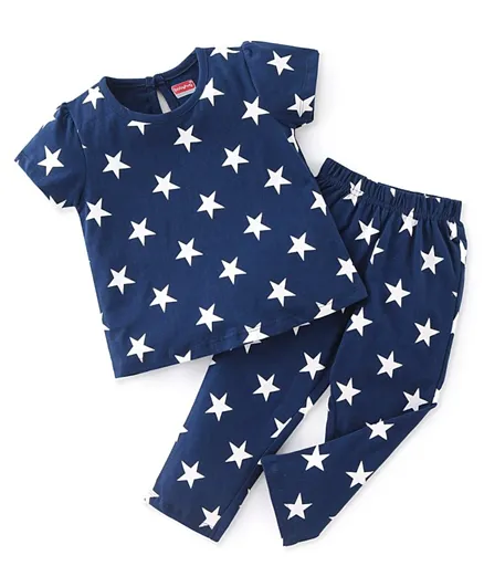 Babyhug Cotton Knit Short Sleeves Star Print Pyjama Set - Navy Blue