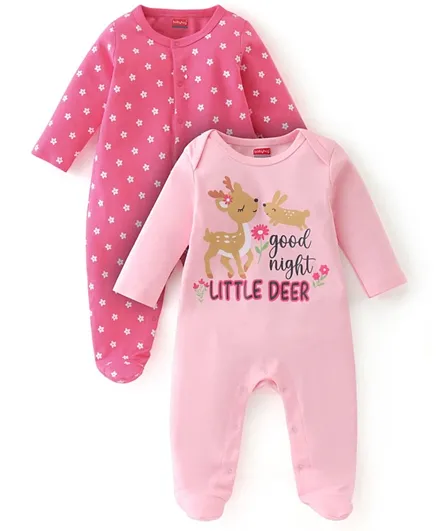 Babyhug Interlock Cotton Knit Full Sleeves Floral & Fawn Print Sleepsuits Pack of 2 - Pink