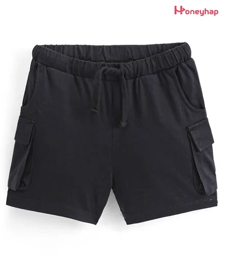 Honeyhap Premium 100% Cotton Knit Knee Length Solid Color Shorts With Bio Finish - Black