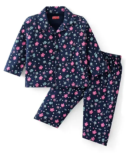Babyhug Cotton Knit Full Sleeves Night Suit With Floral Print - Navy Blue