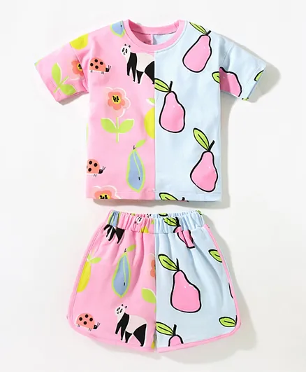 SAPS All Over Animals & Fruits Print T-shirt & Shorts/Co-ord Set - Multicolor