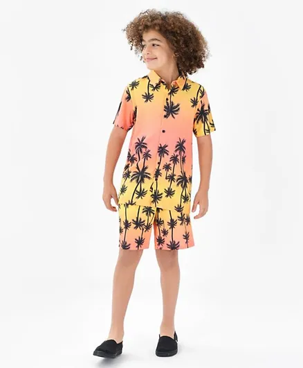 Primo Gino 100% Viscose Half Sleeves Resort Collar Sunset Palm Print Shirt & Shorts/Co-ord Set - Peach & Yellow