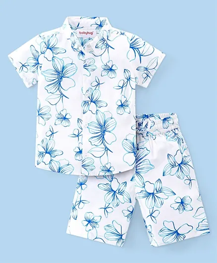 بيبي هاغ قميص منسوج بأكمام نصفية وشورت بطبعة زهور - أبيض وأزرق