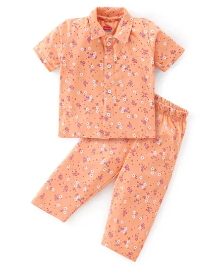 Babyhug Cotton Knit Half Sleeves Floral Print Night Suit - Peach