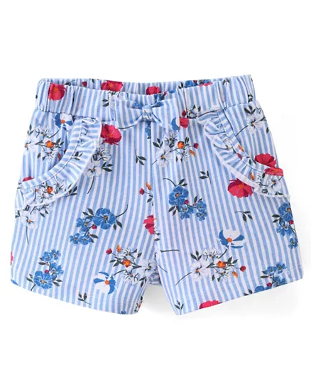 Babyhug Cotton Single Jersey Knit Mid Thigh Length Shorts Stripes & Floral Print - Blue