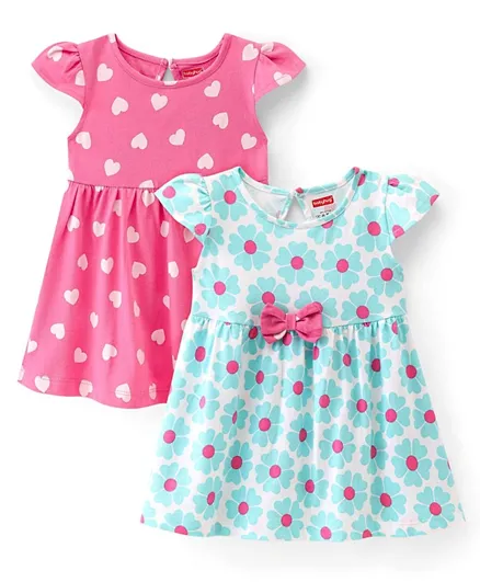 Babyhug 100% Cotton Knit Single Jersey Half Sleeves Frocks With Floral & Heart Print Pack Of 2 - Pink & Blue