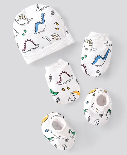 Bonfino Cotton Knit  Cap Mittens & Booties Set Dino Print White - Diameter 10.5 cm
