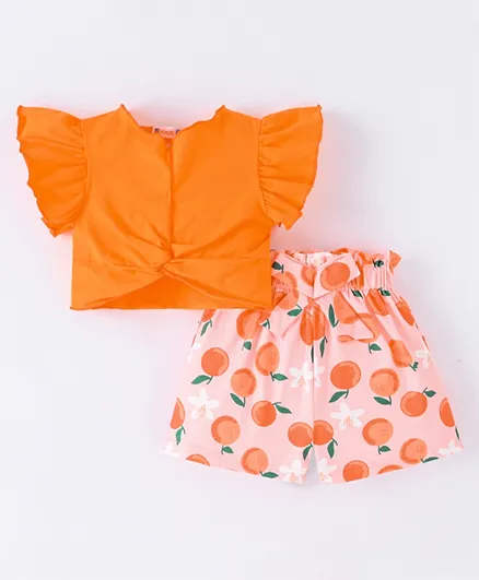 SAPS Orange Print Flutter Sleeves Top & Shorts Set - Orange