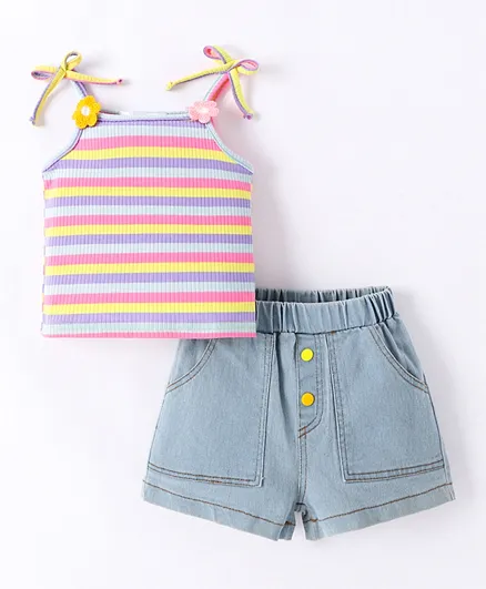 SAPS Floral Crochet Striped Top and Denim Shorts Set - Multicolor