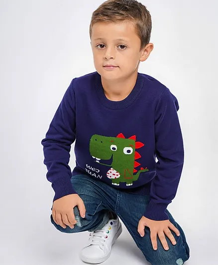 Kookie Kids Dino Print Full Sleeves Sweaters - Navy Blue