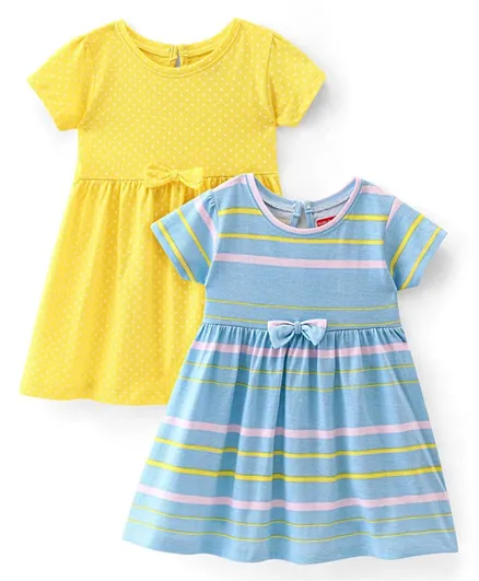 Babyhug Cotton Knit Half Sleeves Solid & Striped Frocks Pack of 2 - Yellow & Blue