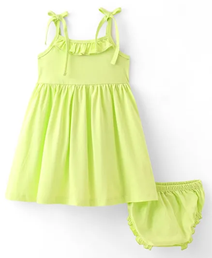 Babyhug Cotton Knit Sleeveless Solid Colour Frock with Bloomer - Lime