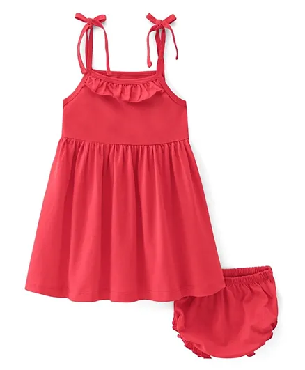 Babyhug 100% Cotton Knit Sleeveless Solid Colour Frock with Bloomer- Coral Red
