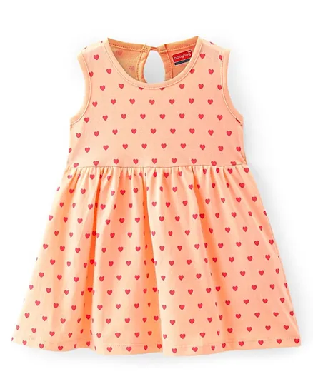 Babyhug Single Jersey Cotton Knit Sleeveless Frock with Heart Print - Peach