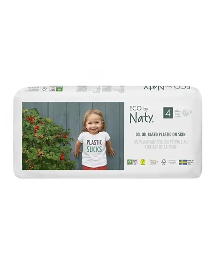 Naty Eco-Friendly Diapers Size 4, 7-18 Kg, 44 Count - 100% Biodegradable, No Perfume, Chlorine-Free, Natural Materials