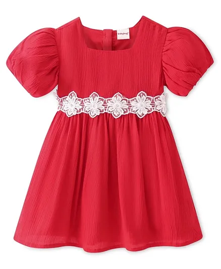 Babyhug Rayon Woven Half Sleeves Frock With Floral Embroidery - Red