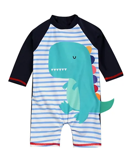 SAPS Dino Graphic & Striped Quick Drying Legged Swimsuit - White/Navy Blue