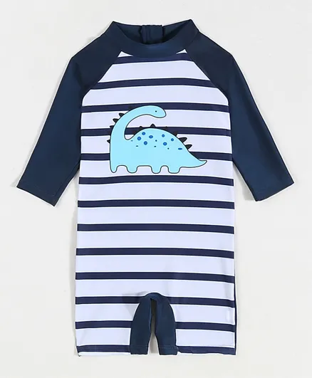 SAPS Dinosaur Graphic & Striped Quick Drying Legged Swimsuit - White/Blue