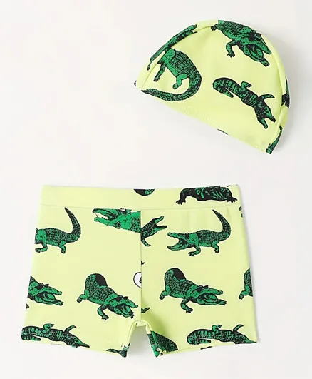 سابس - شورت سباحة بنقشة تمساح مع قبعة سباحة - أخضر
